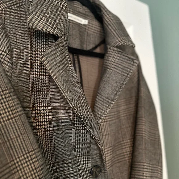 Glen Plaid Long Anthro Blazer - Grey/Cream/Black- XS- Boho Academia/Old World - Picture 6 of 11